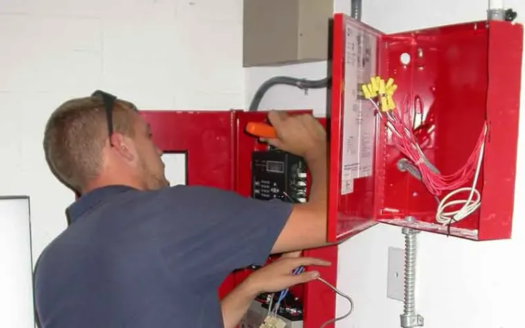 ASAP Fire Protection technician servicing a red commercial fire alarm control panel